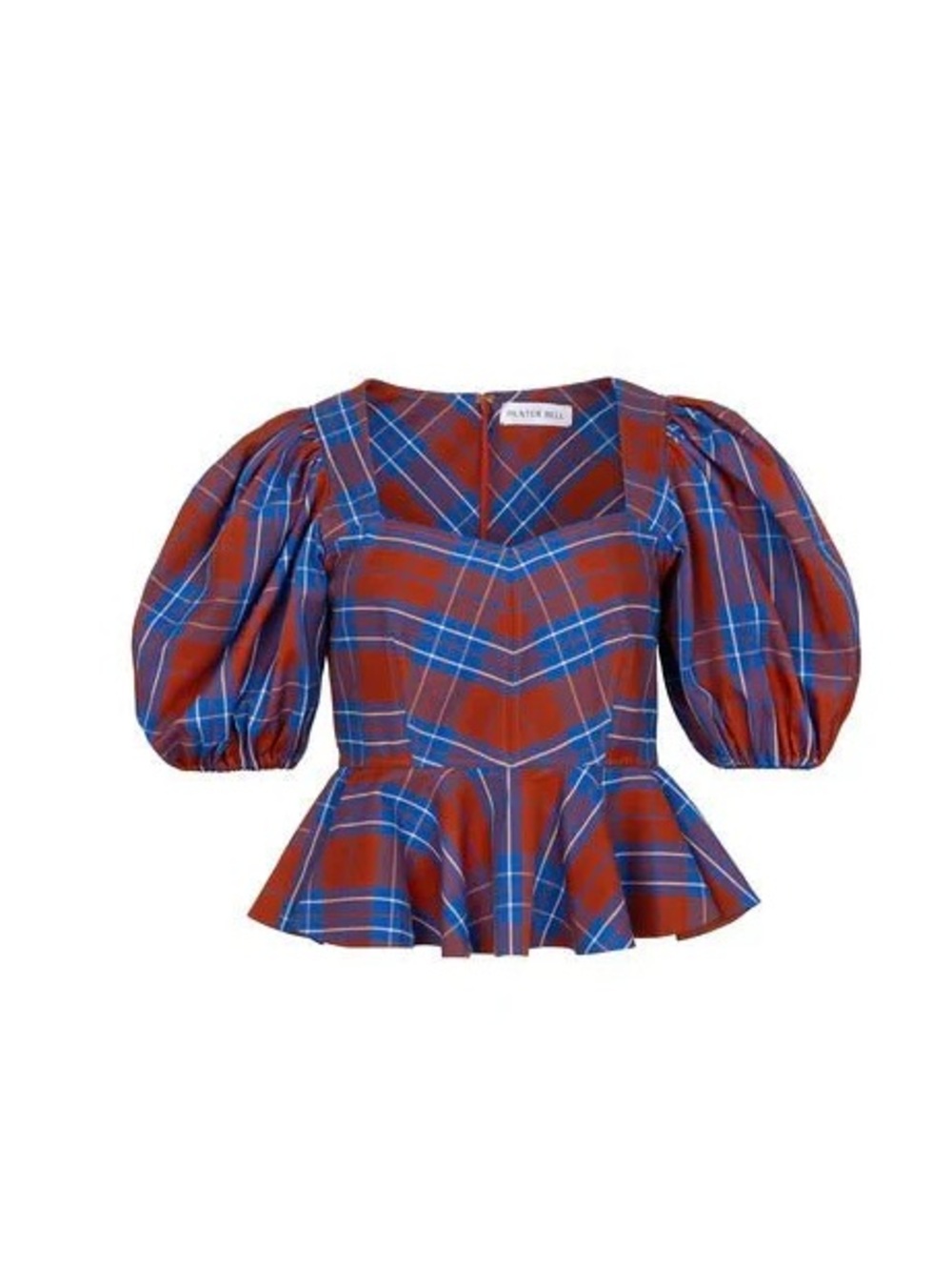 HUNTER BELL Red and Blue Plaid Puff-Sleeve Peplum Kaia Top